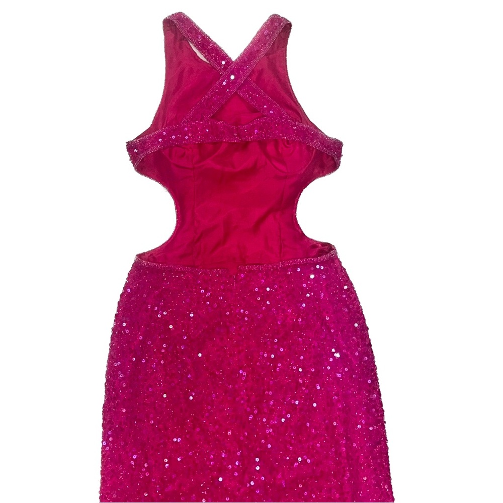 SCALA Vintage 1980’s Hot Pink Silk Sequin Beaded Backless Gown, size small - Picture 3 of 13